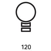 Ein weißes Glühbirnensymbol mit der Zahl '120' darunter auf schwarzem Hintergrund.