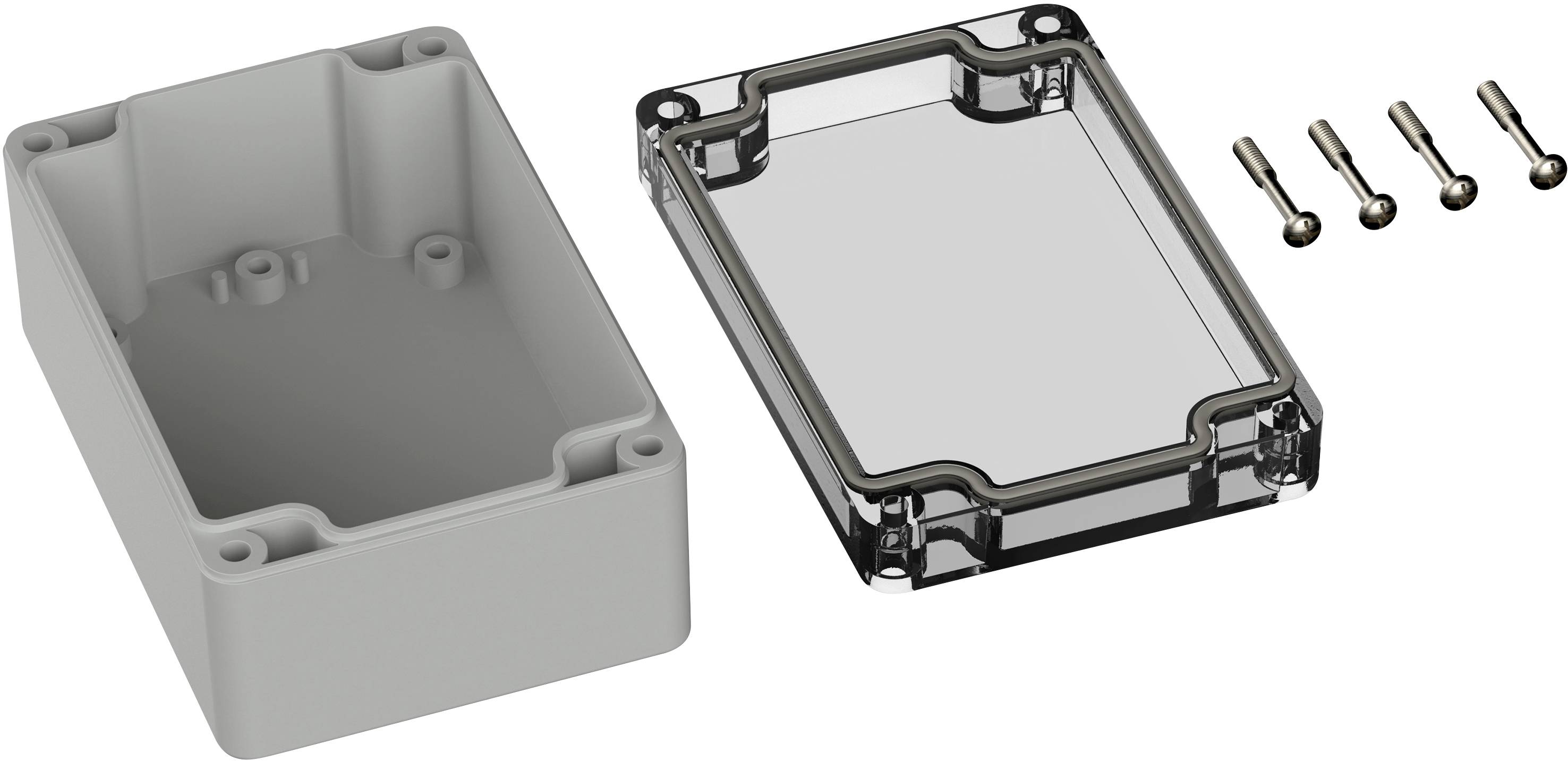 Ein rechteckiges graues Gehäuse mit abnehmbarem, durchsichtigem Deckel und vier Schrauben zeigt eine mögliche Montageanwendung.