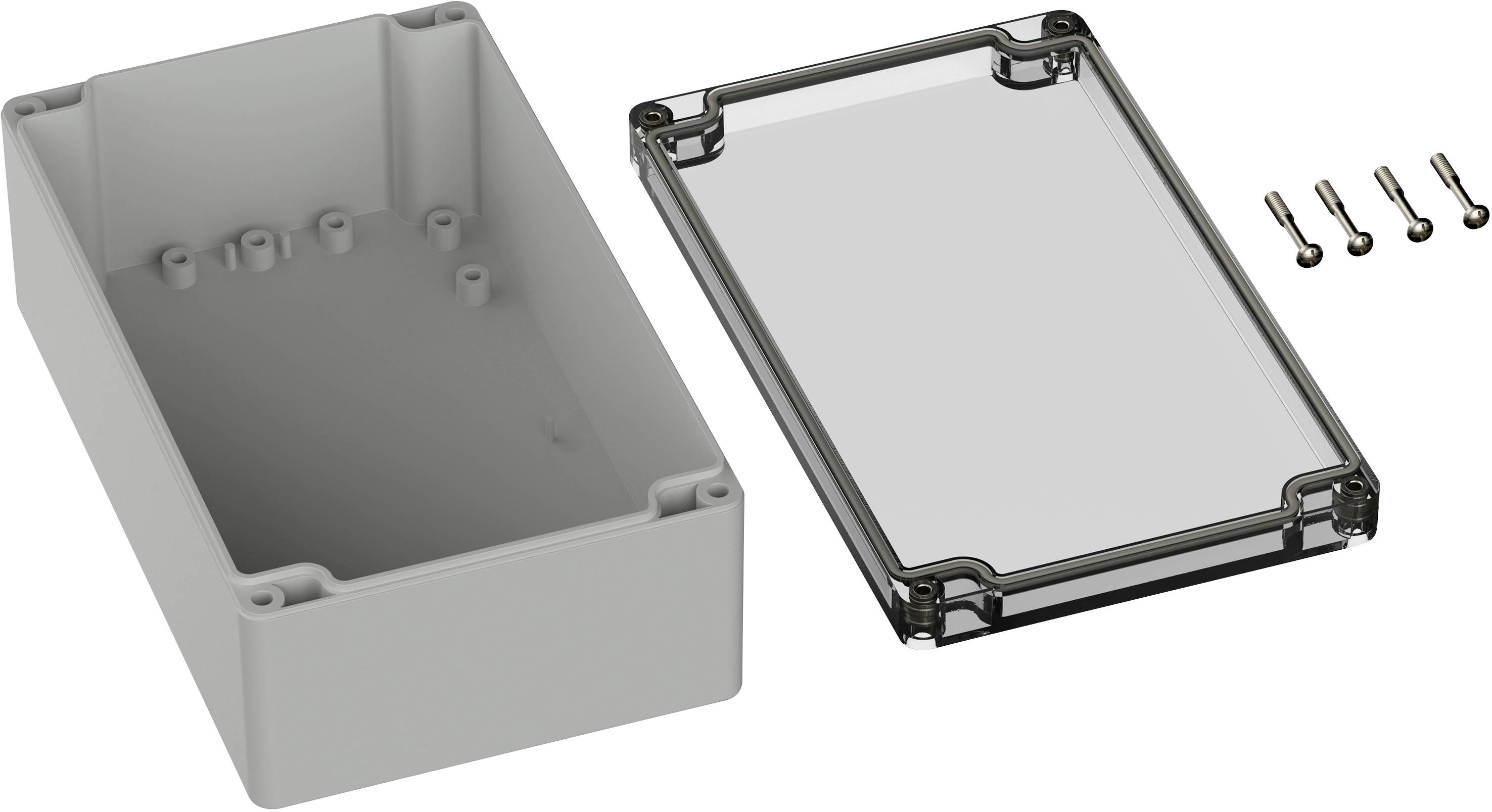Graues rechteckiges Gehäuse mit transparentem Deckel und vier Schrauben, geeignet zur Gehäusemontage elektronischer Komponenten.