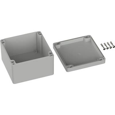 Graues Kunststoffgehäuse, quadratisch, mit abnehmbarer Abdeckung und vier Schrauben.
