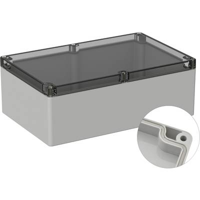 Grau-weiße Kunststoffbox mit transparentem Deckel und Nahaufnahme der Innenecken. Eignet sich zur Aufbewahrung oder als Gehäuse.