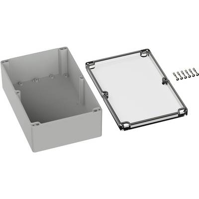 Gehäuse aus Kunststoff mit abnehmbarer, transparenter Abdeckung und Befestigungsschrauben, geeignet für elektronische Anwendungen.