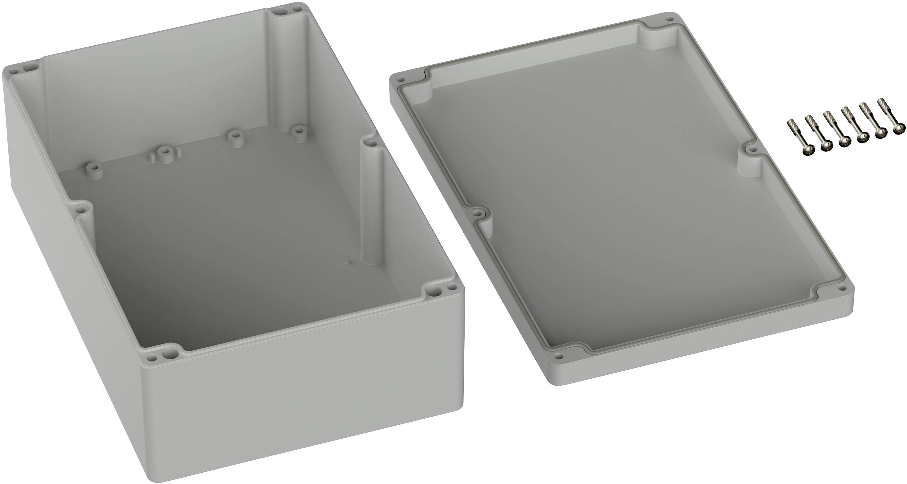Grau-gelbes Gehäuse mit abgenommenem Deckel und sechs Schrauben daneben.