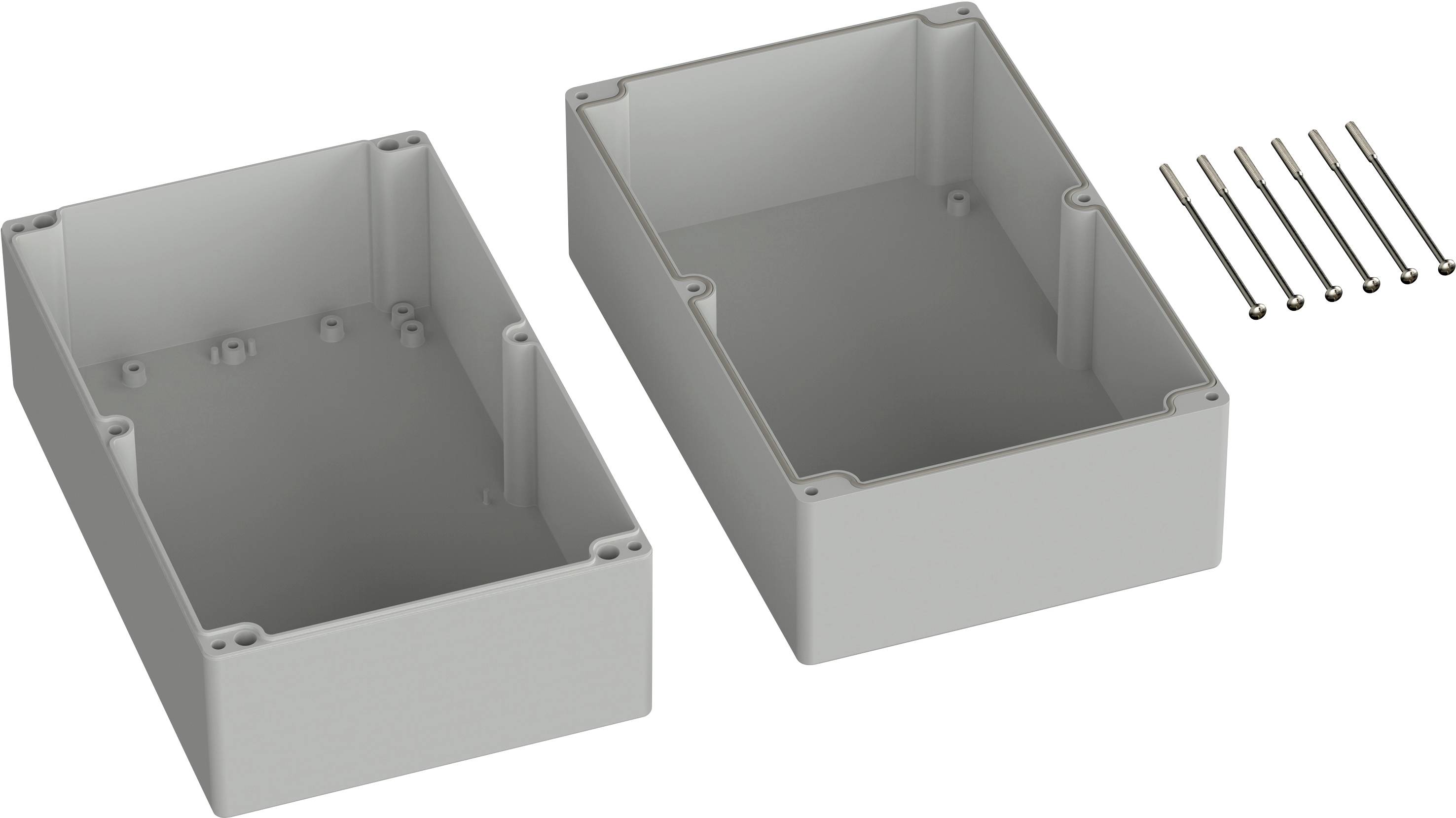 Gehäuse aus Kunststoff, zweiteilig, rechteckig, mit abnehmbarer Oberseite. Sechs Schrauben daneben zur Befestigung.