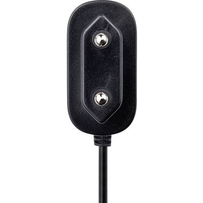 Ein schwarzer elektrischer Stecker mit zwei sichtbaren Metallpins und einem Kabel unten.