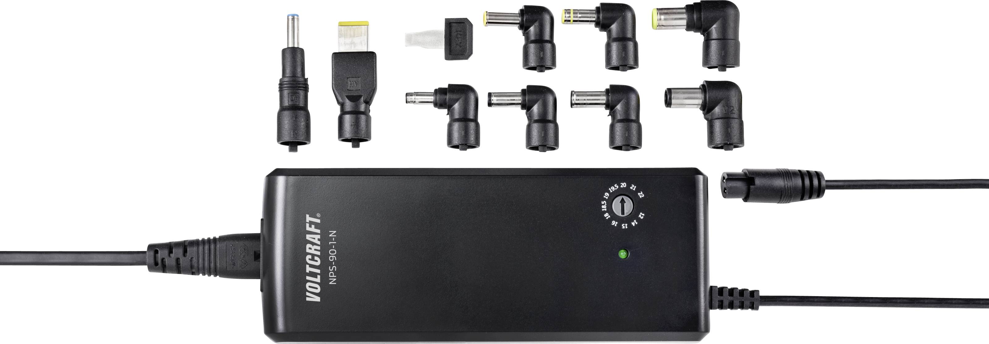 Ein schwarzes Netzteil der Marke 'Voltcraft' mit neun verschiedenen Anschlussadaptern, um Geräte mit unterschiedlichen Steckertypen zu versorgen.