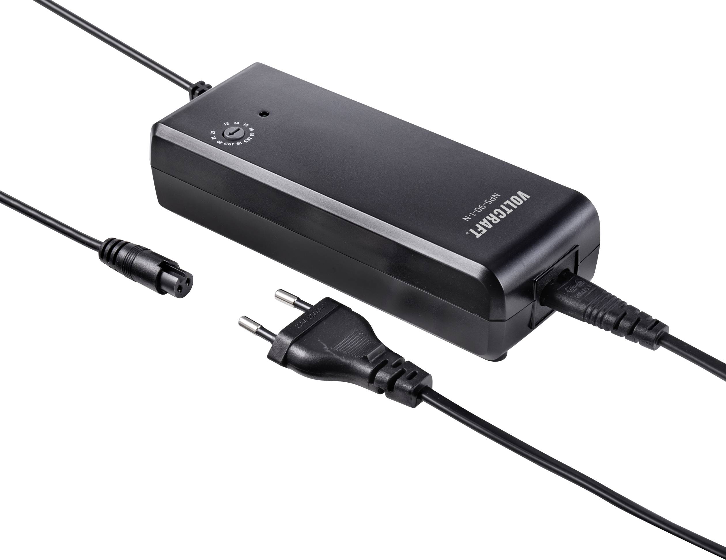 'Netzteil mit Kabel, EU-Stecker und Übersichtsskala. Dient zur Stromversorgung elektronischer Geräte.'