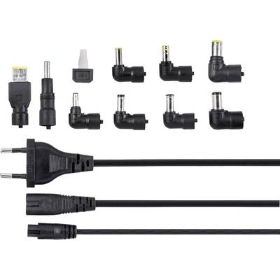 Ein Set von verschiedenen Adaptersteckern und Stromkabeln. Oben sind mehrere Adapterspitzen zu sehen, unten verschiedene Kabelstecker.