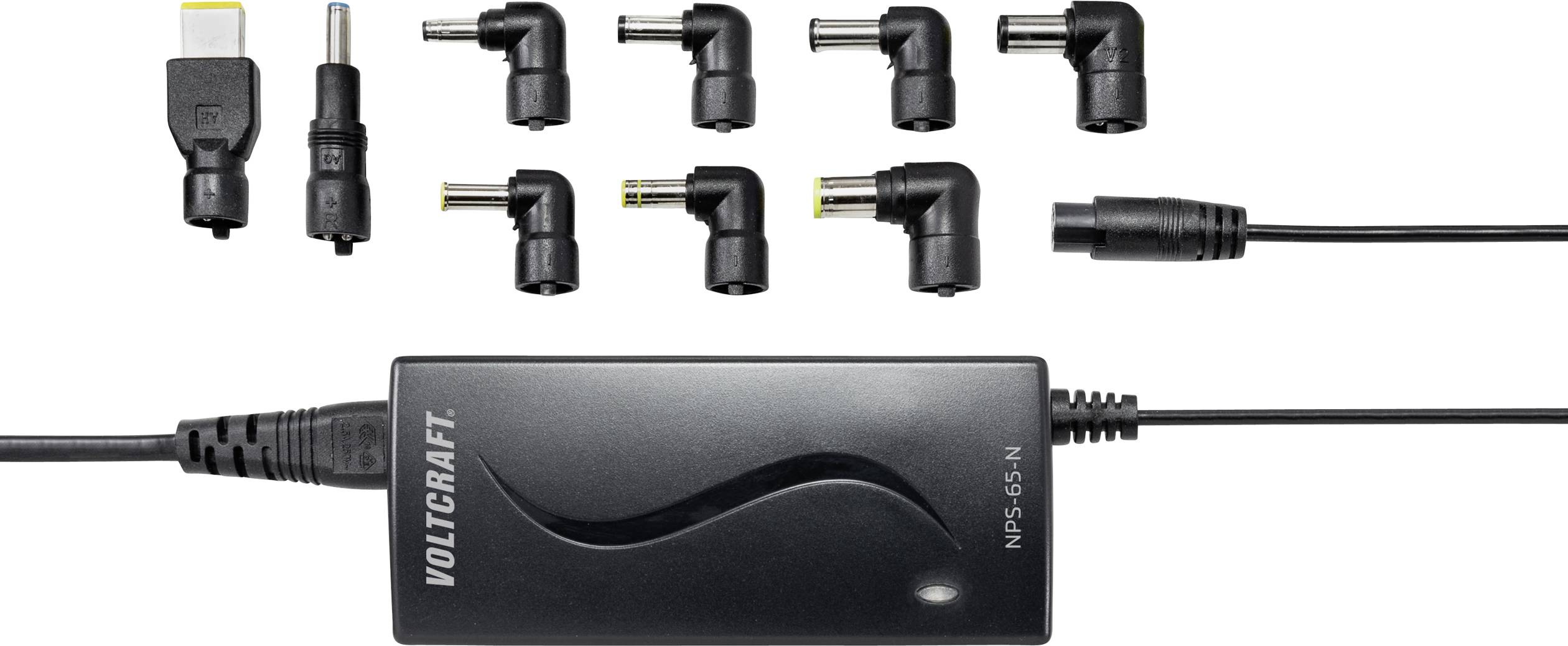 Netzteil Voltcraft NPS-65N mit mehreren Adaptersteckern für unterschiedliche Geräte; schwarze Farbe, horizontale Anordnung.