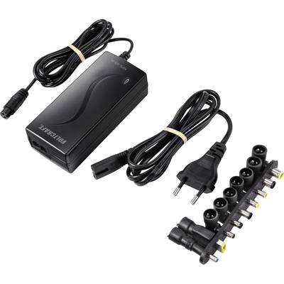 Schwarzes Universal-Laptop-Netzteil mit verschiedenen austauschbaren Anschlüssen und abnehmbarem Netzkabel.