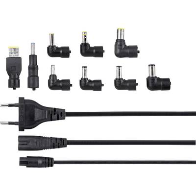 Verschiedene schwarze Stromadapterstecker und Kabel in unterschiedlichen Formen und Größen auf weißem Hintergrund.