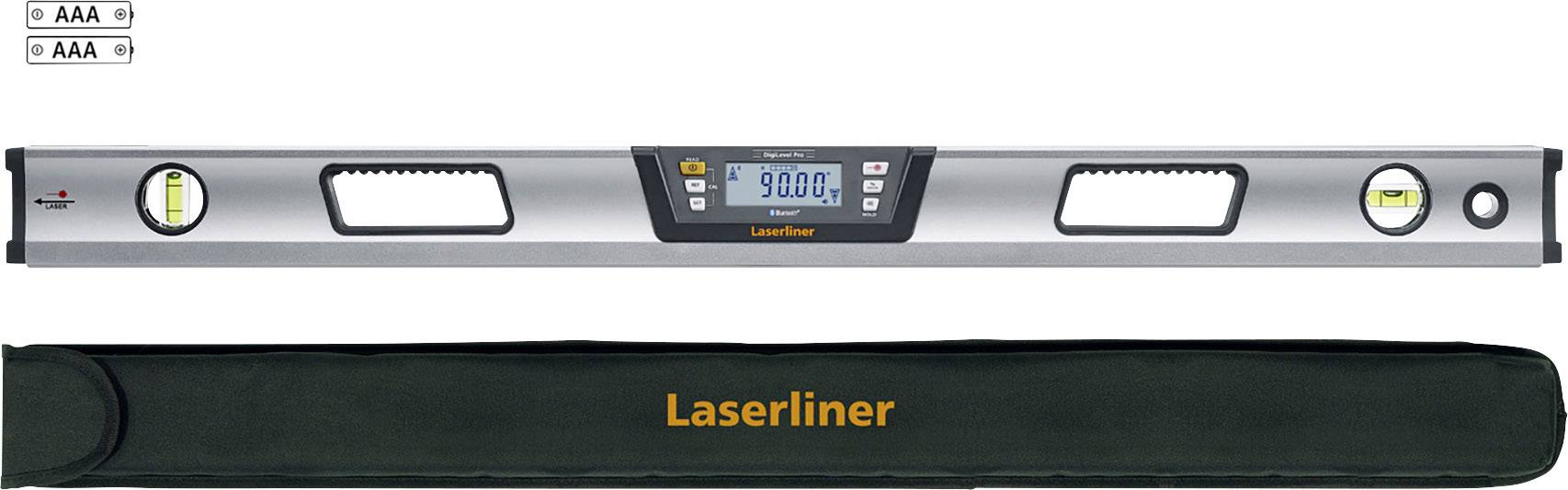 Wasserwaage mit digitalem Display zeigt 90.0 Grad. Enthält zwei Libellen für horizontale und vertikale Ausrichtung. Tasche unten mit 'Laserliner'.