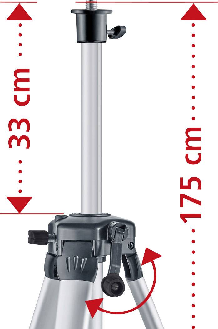 Stativ ausziehbar auf 175 cm, mit Detail auf den verstellbaren Beinwinkel. Maximale vertikale Ausdehnung bei 33 cm zusätzlicher Höhe.