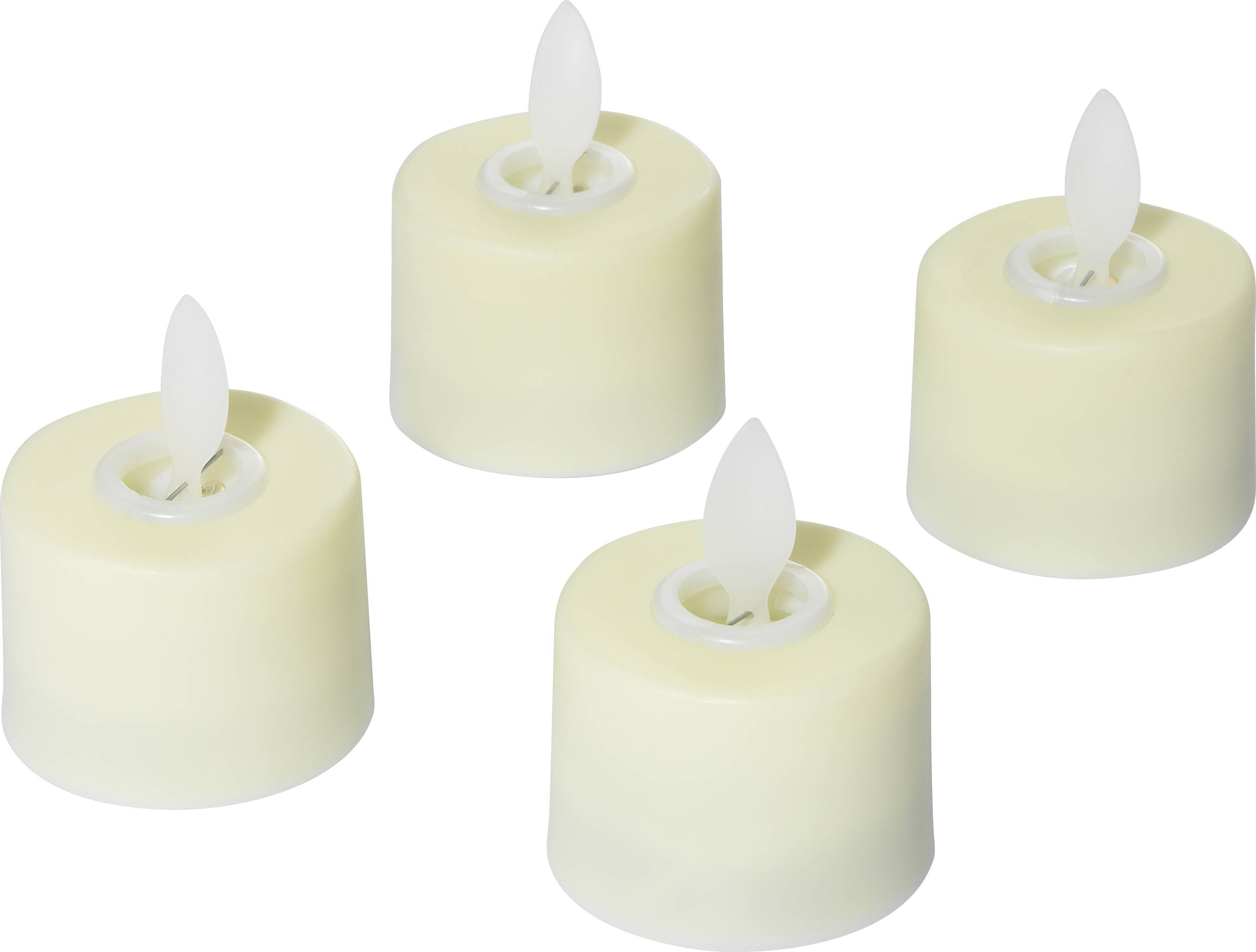 Vier cremefarbene LED-Teelichter mit flammenförmigem Leuchtdetail.