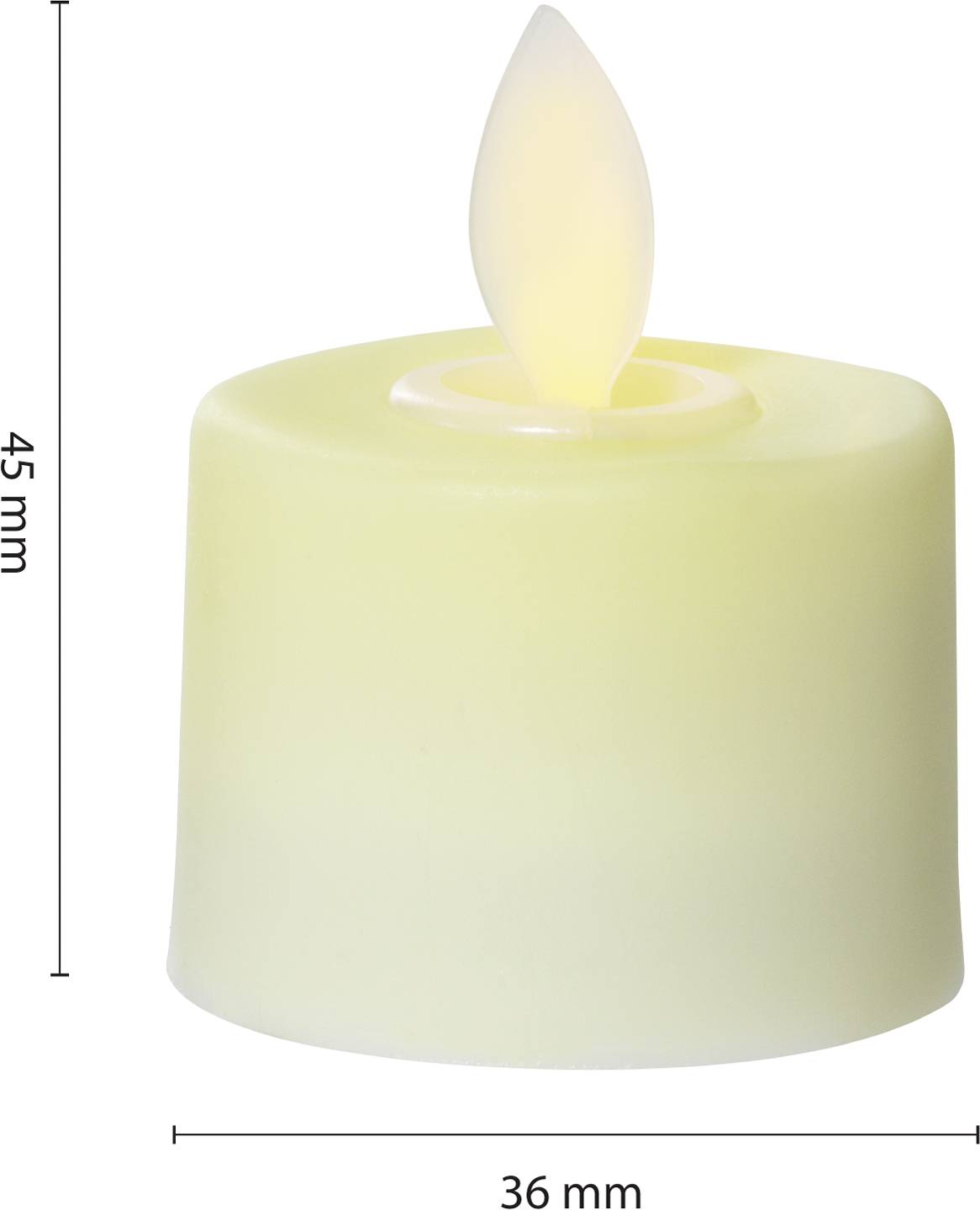 Eine flammenlose LED-Kerze mit den Maßen 45 mm Höhe und 36 mm Durchmesser, leuchtet warmweiß, ideal für Dekorationen.