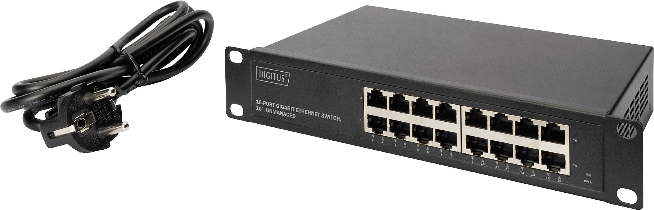 'Digitus 16-Port Fast Ethernet Switch' mit Netzteilkabel. Rechteckiges, schwarzes Gerät mit sechzehn Ethernet-Ports für Netzwerkverbindungen.