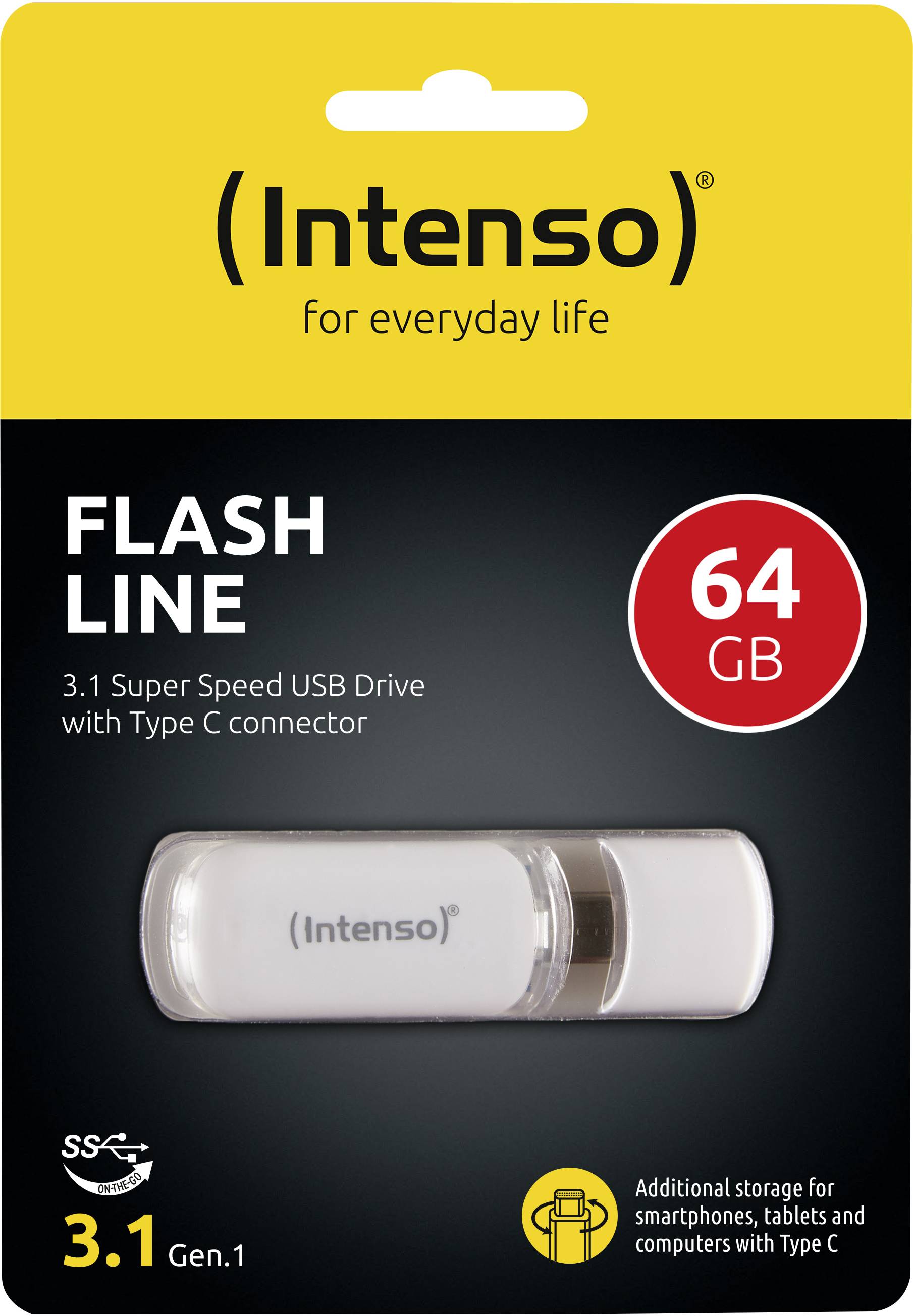 'Intenso Flash Line' USB-Stick 64 GB, Super Speed USB 3.1 mit Typ-C-Anschluss, zusätzliche Speicherung für Smartphones, Tablets und PCs.