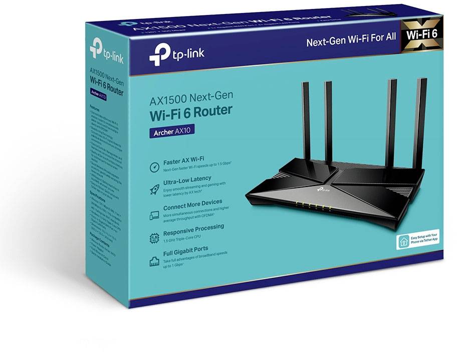 Die Verpackung eines TP-Link AX1500 Next-Gen Wi-Fi 6 Routers, Modell Archer AX10, mit Produktgrafik und Spezifikationen auf der Vorderseite.