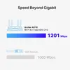 'Speed Beyond Gigabit'. Blaues Balkendiagramm vergleicht Router-Geschwindigkeit von 1201 Mbps mit GbE-Lösung von 1000 Mbps. Router-Modell: Archer AX10, Wi-Fi 6.