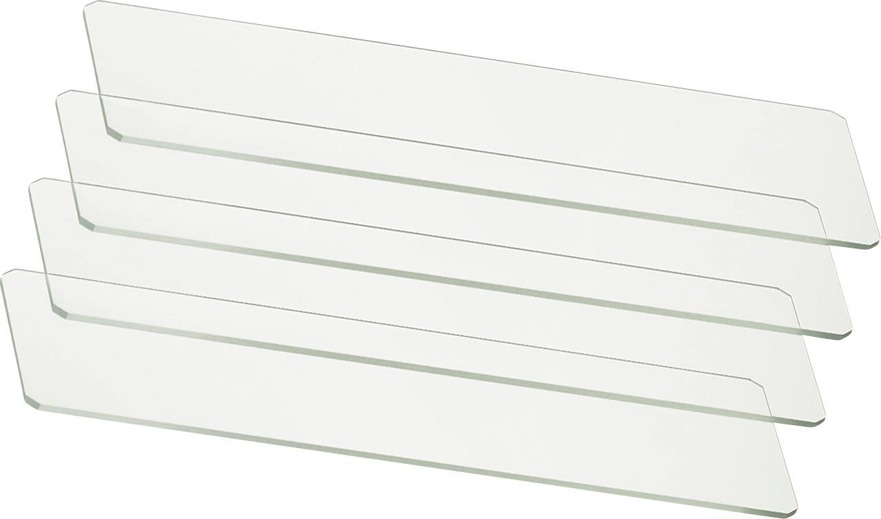 Vier übereinanderliegende, transparente Glasstreifen, schräg angeordnet.