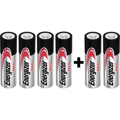 Sechs Stylize AA-Batterien mit 'Energizer Max' Beschriftung, nebeneinander aufgereiht. Fünf sind direkt nebeneinander, eine ist durch ein Pluszeichen getrennt.