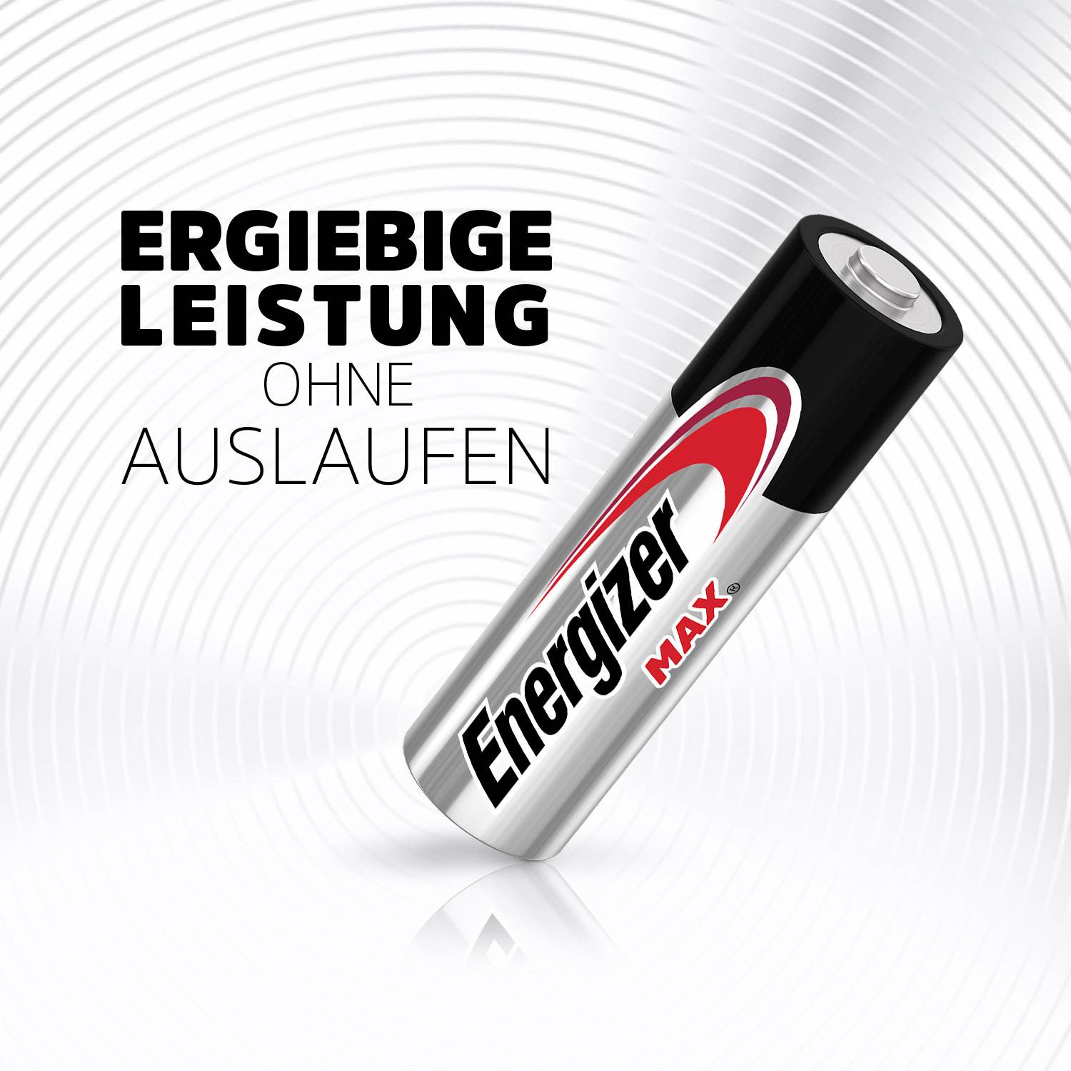 Eine Energizer Max-Batterie mit der Aufschrift: 'Ergiebige Leistung ohne Auslaufen'. Geriffelte Hintergrundstruktur.