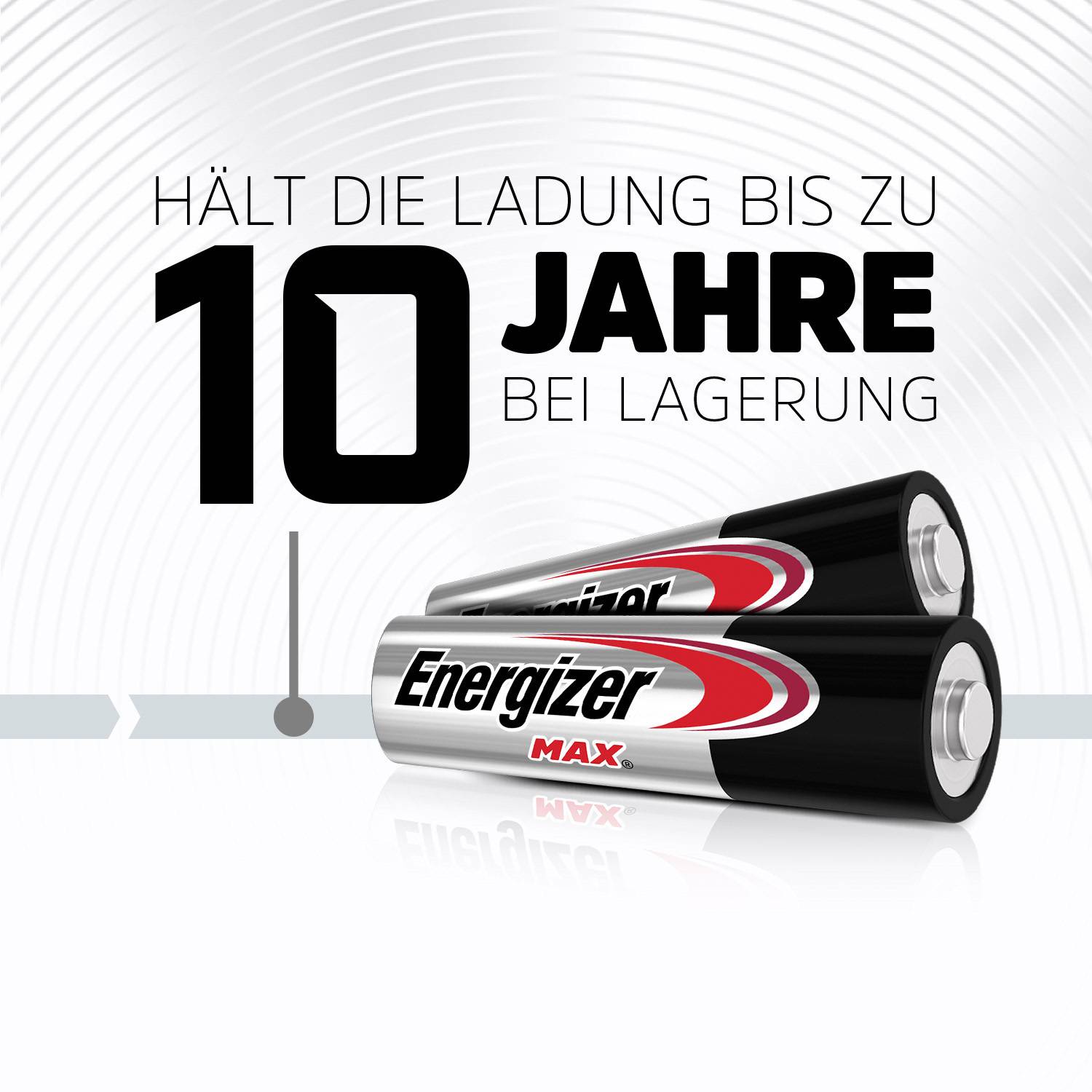 Zwei Energizer Max-Batterien mit dem Text: 'Hält die Ladung bis zu 10 Jahre bei Lagerung'.