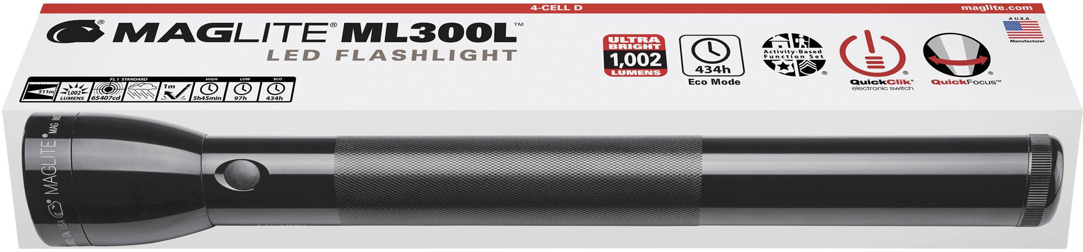 Verpackung einer 'MAGLITE ML300L' LED-Taschenlampe, schwarz. Produktinformationen: Leuchtet bis zu 1002 Lumen, 524 Meter Reichweite.