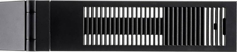 Ein schwarzes, rechteckiges Gerät mit vertikalen Lüftungsschlitzen auf der Vorderseite. Es könnte Teil eines Servers oder Computers sein.