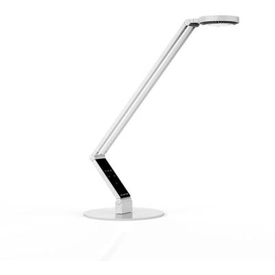 Moderne weiße Schreibtischlampe mit verstellbarem Arm und rundem Standfuß.