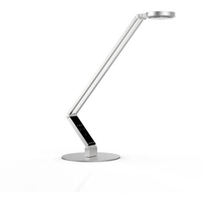 Moderne, silberne Schreibtischlampe mit verstellbarem Arm und rundem Lampenkopf auf einem flachen, kreisförmigen Sockel.