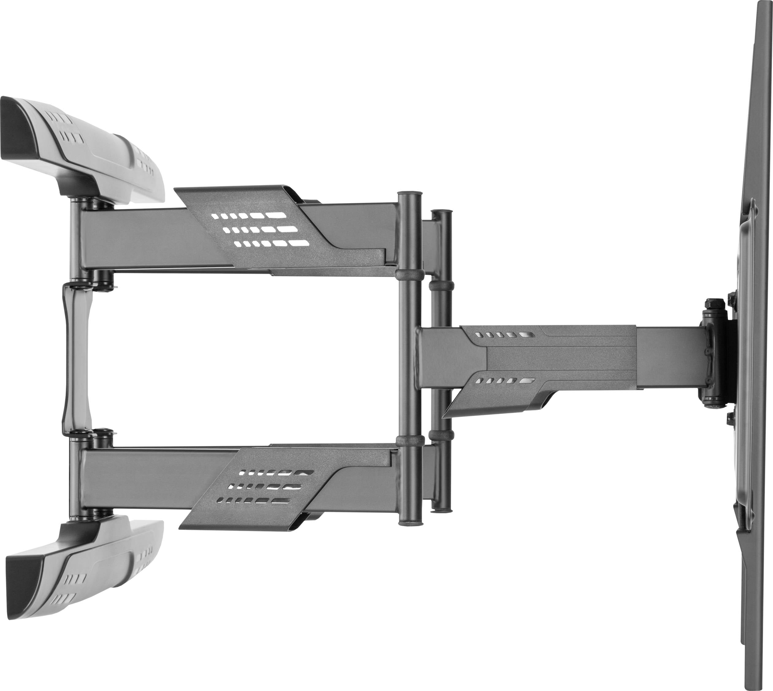 Ein verstellbarer TV-Wandhalterungsarm aus Metall mit zwei Gelenkarmen, links im ausgezogenen Zustand. Geeignet zur flexiblen Positionierung eines Fernsehers.