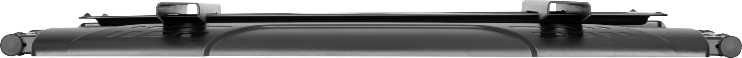 Ein schwarzer Dachgepäckträger für ein Auto, der quer über die Dachreling montiert ist.