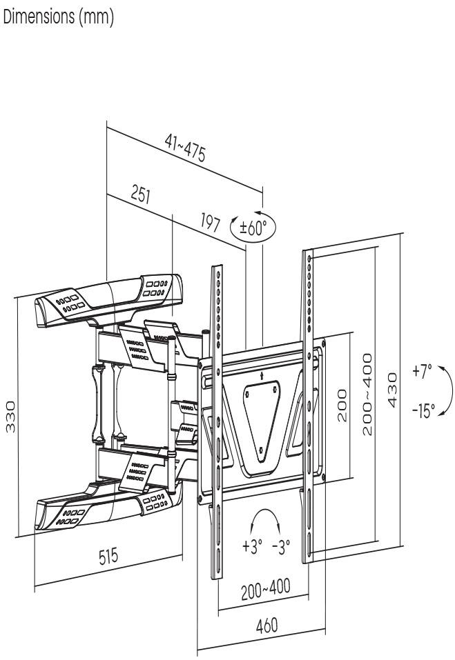 Technische Zeichnung einer wandmontierten Fernsehhalterung. Zeigt verstellbare Arme, Montagepunkte und Abmessungen in Millimetern.