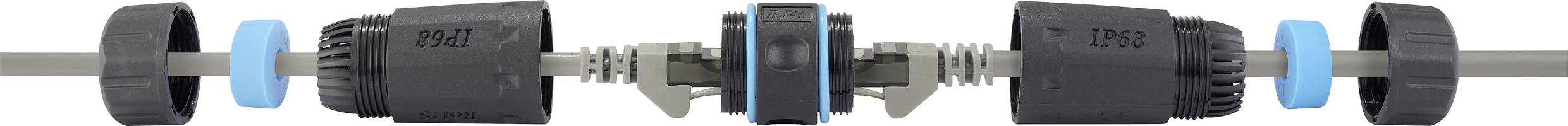 Zwei schwarze und blaue Propeller an einem Metallstab verbunden, mit zentralem Motor im Abschnitt. Flugzeug- oder Drohnenteil.