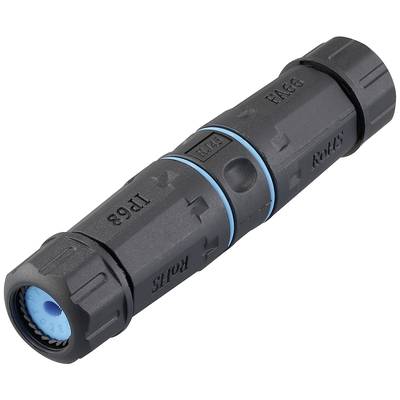 Abgebildet ist ein schwarzer, zylindrischer Steckverbinder mit blauer Dichtung und Inschrift 'IP68'.