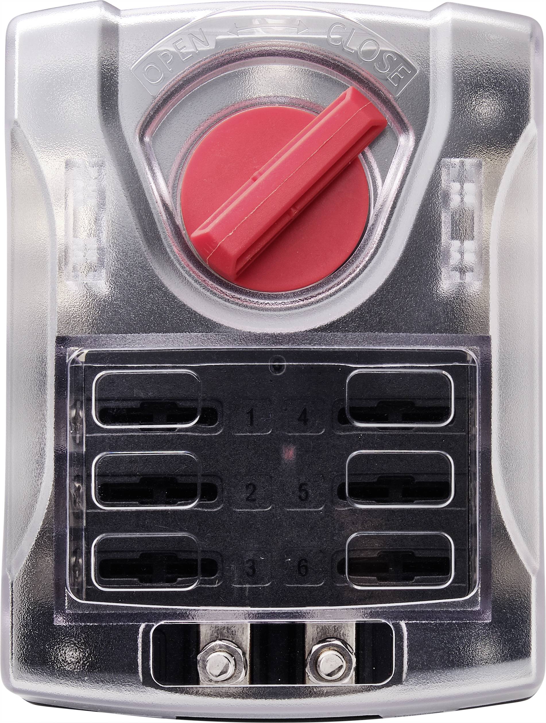 Ein Zahlenschloss mit durchsichtigem Gehäuse und einem roten Drehknopf, beschriftet mit 'OPEN' und 'CLOSE'.