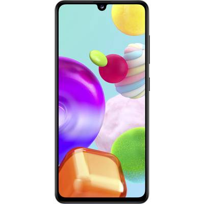 Smartphone mit farbenfrohem, abstraktem Hintergrund, der bunte Süßigkeiten und geometrische Formen zeigt.