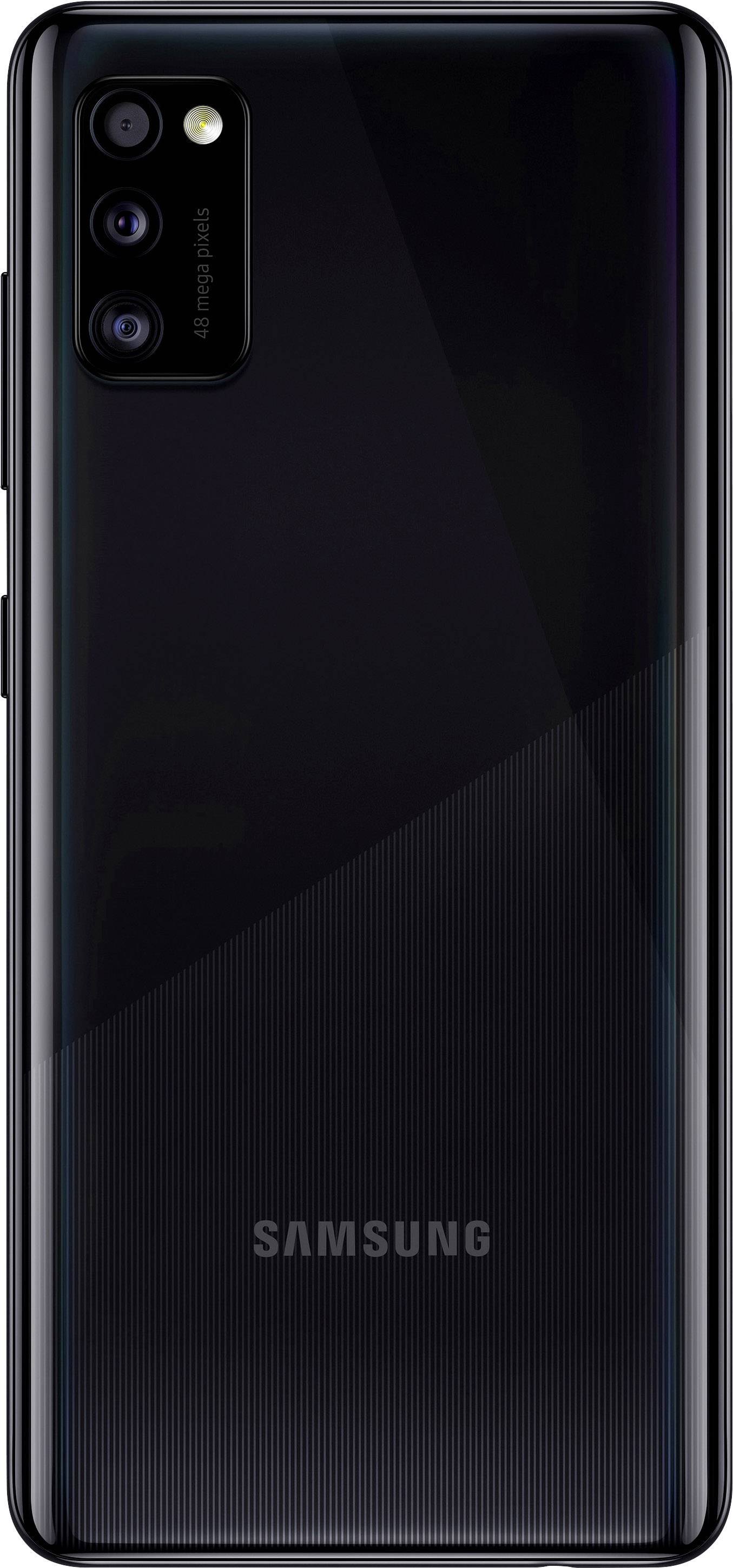 Ein schwarzes Smartphone von hinten mit drei Kameralinsen auf der oberen linken Seite und dem Wort 'Samsung' in der Mitte.
