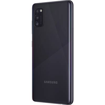 Das Bild zeigt die Rückseite eines schwarzen Samsung-Smartphones mit drei Kameras und einem LED-Blitz in der oberen linken Ecke.