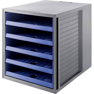 Graues Ablagesystem mit fünf blauen Schubladen für die Organisation von Dokumenten. Schlichtes, funktionales Design.