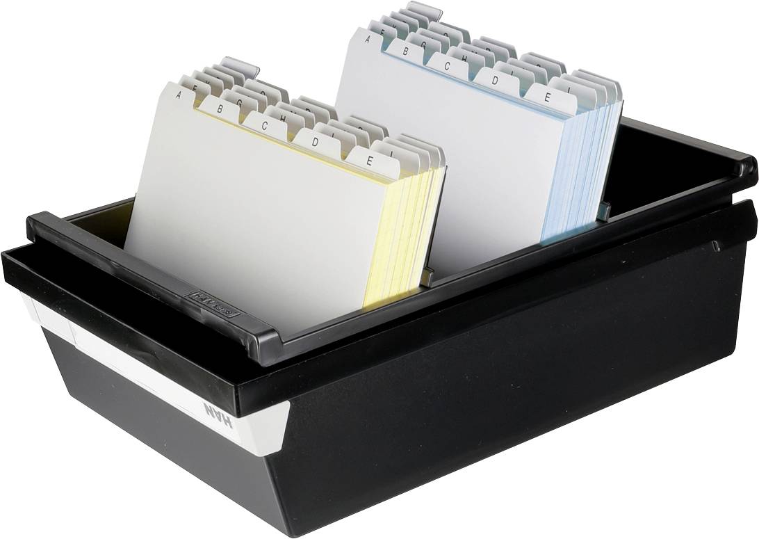 'Schwarze Karteikartenbox mit Registerkarten, alphabetisch sortiert von A bis E. Die Karten sind in verschiedenen Farben.'