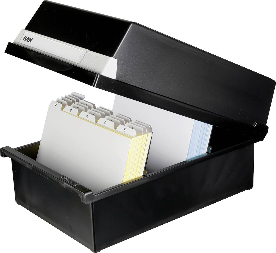 Eine geöffnete schwarze Karteikartenbox, gefüllt mit alphabetisch geordneten Karteikarten, beginnend mit 'A'.
