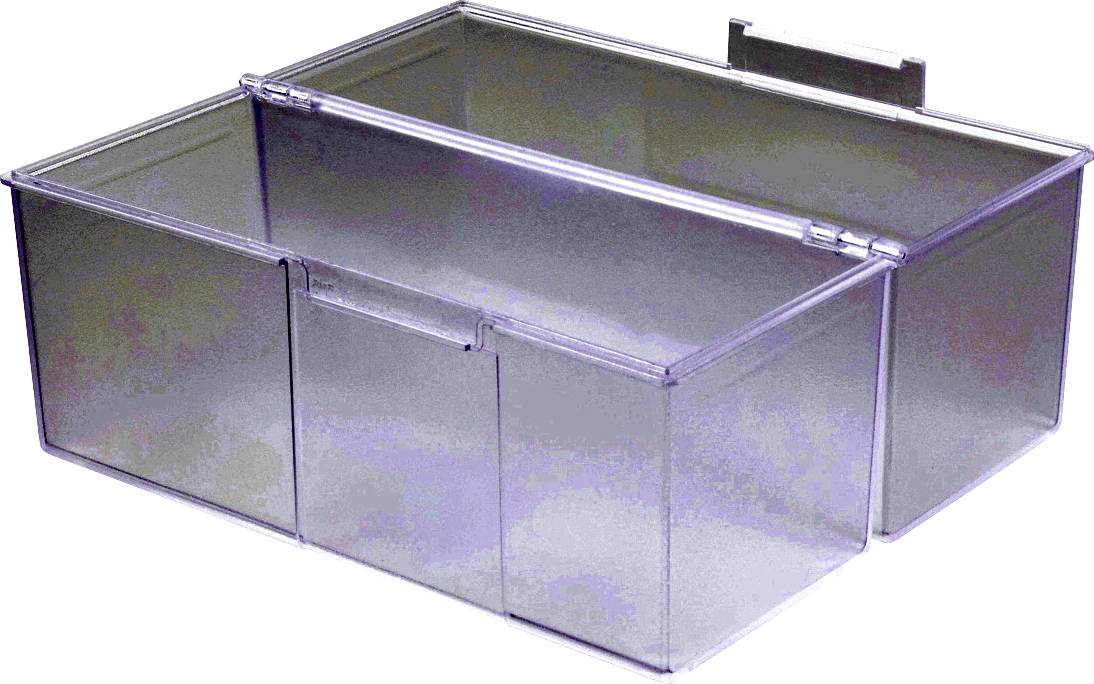 Durchsichtiger rechteckiger Plexiglasbehälter mit Fächern und Deckeln. Geeignet zur Aufbewahrung oder Präsentation von Gegenständen.