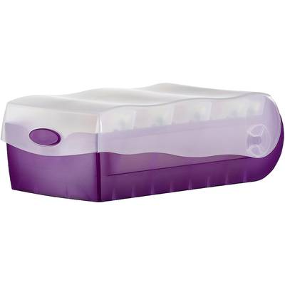 Lila, rechteckige Kunststoffbox mit transparentem Deckel und geriffelter Oberfläche. Geeignet zur Aufbewahrung von kleinen Gegenständen.