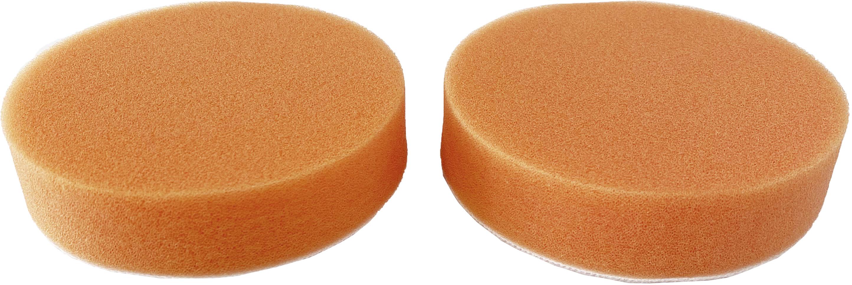 Zwei orangefarbene Schwämme, rund und flach, nebeneinander auf weißem Hintergrund.