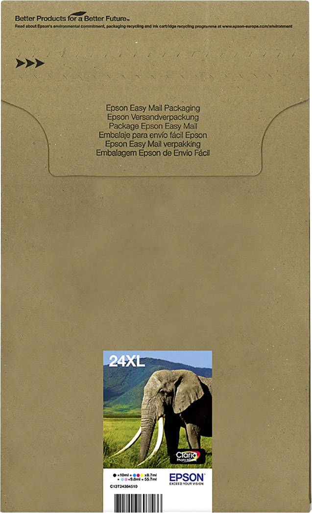 Verpackungseinheit für Epson Tinte 24XL. Auf der Front ist ein Bild eines Elefanten mit grüner Landschaft im Hintergrund.