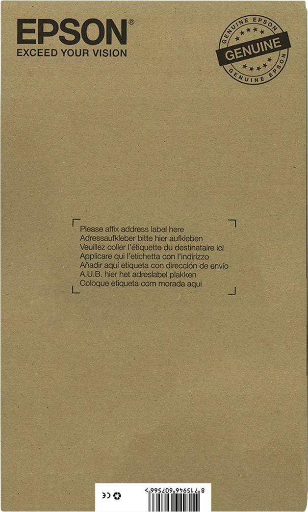 Ein brauner Karton mit der Aufschrift 'EPSON Exceed Your Vision'. Mehrsprachiger Hinweis zur Anbringung eines Adressaufklebers.