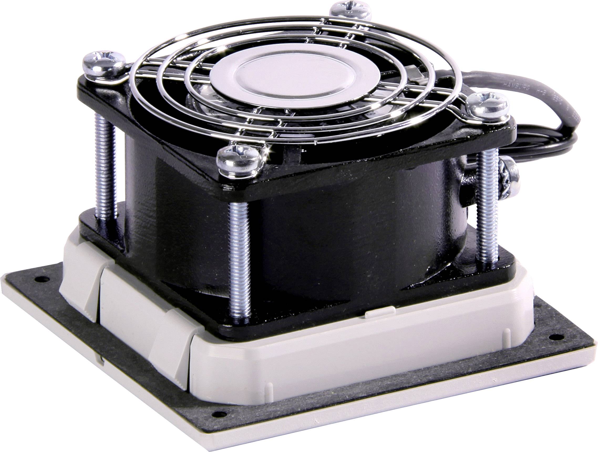 Ein kleiner, quadratischer Lüfter mit Metallschutzgitter und schwarzen Montageelementen auf einer grauen Basis.