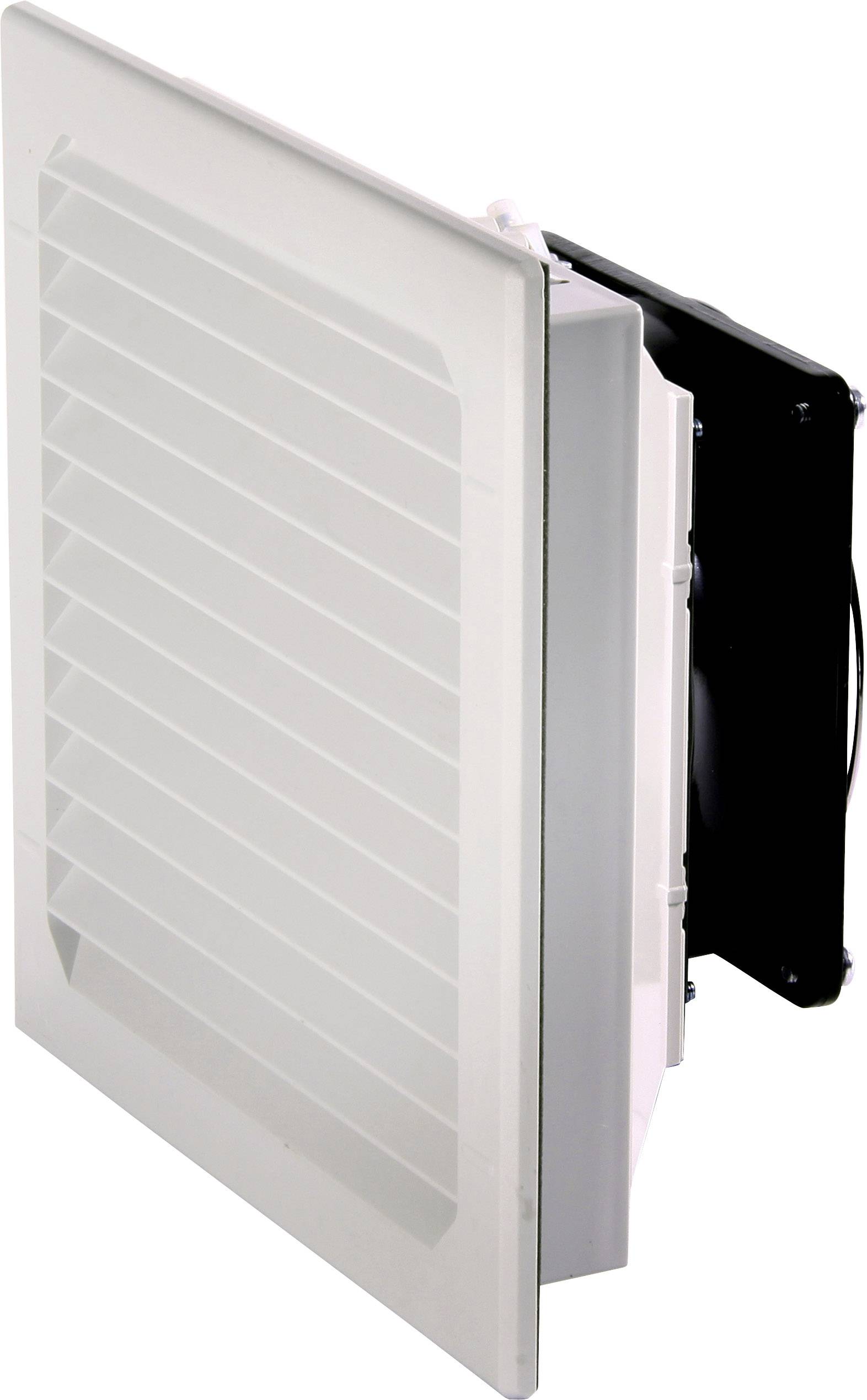 Lüftungsgitter mit integriertem Ventilator, seitlich abgebildet. Geeignet zur Belüftung oder Kühlung in technischen Geräten.